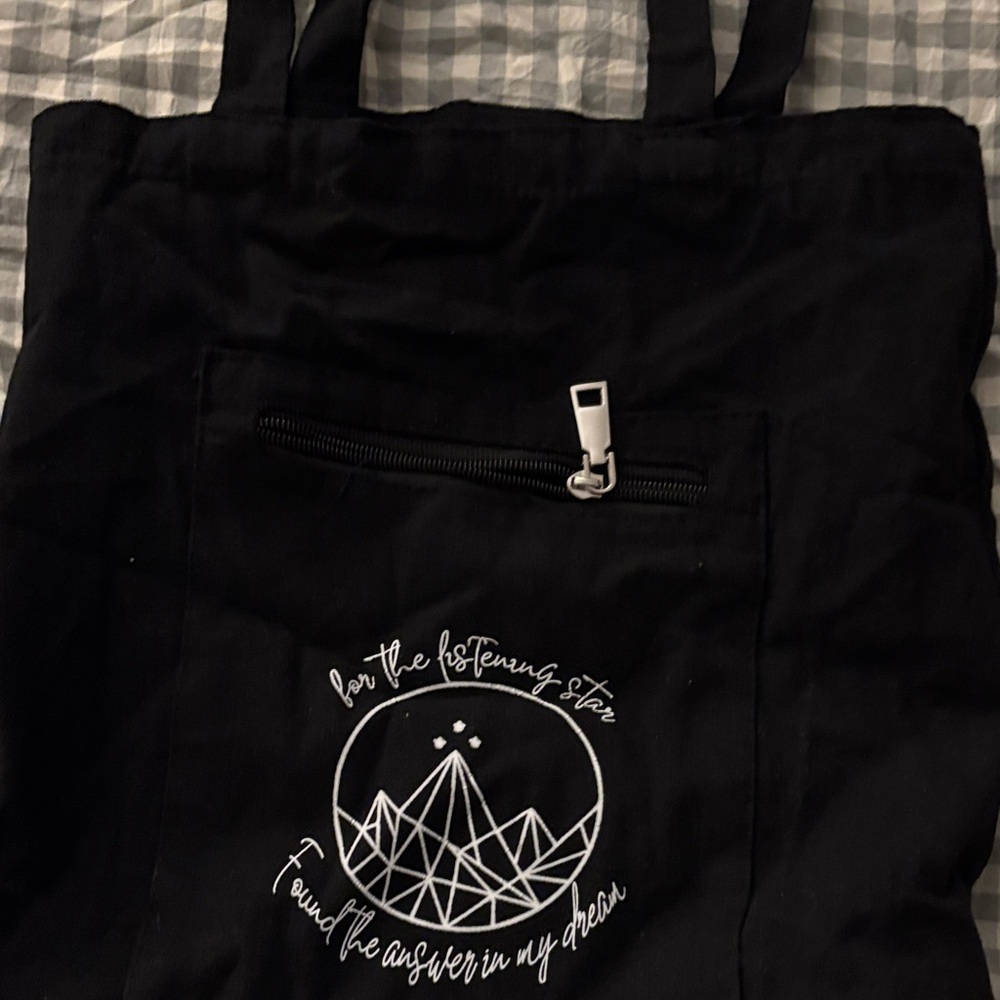 Black Tote Bag with White Embroidery